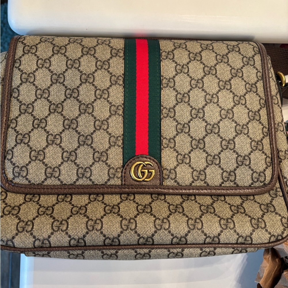 Gucci Brown GG Canvas Messenger Bag with Green and Red Web